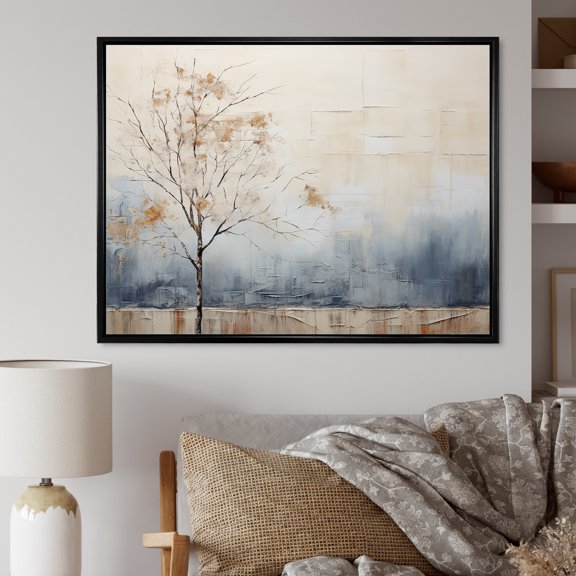 Designart "Tranquil Minimalism In Beige And Blue Countryside I" Countryside Floater Framed Wall Art Prints