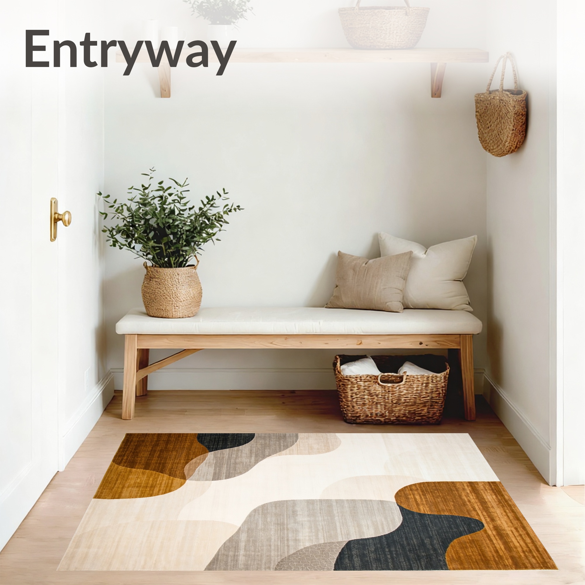 ODIKA 6'x9' Machine Washable Non-Slip Area Rug, Modern Non Slip with Curved Lines and Earthy Neutral Palette High Traffic Rug with Pad, Beige, 52459