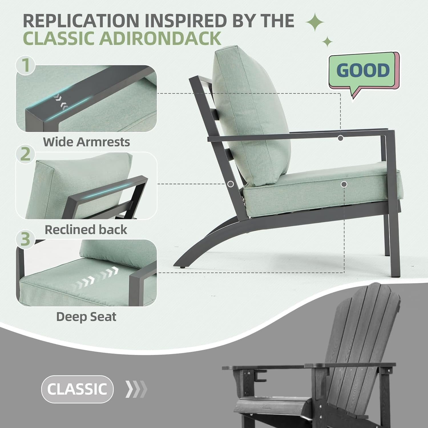 AECOJOY Aluminum Patio Furniture Set Modern Metal Outdoor Patio Furniture Clearance, Adirondack Patio Conversation Sets for Lawn, Backyard, and Deck Green with Green Cushions
