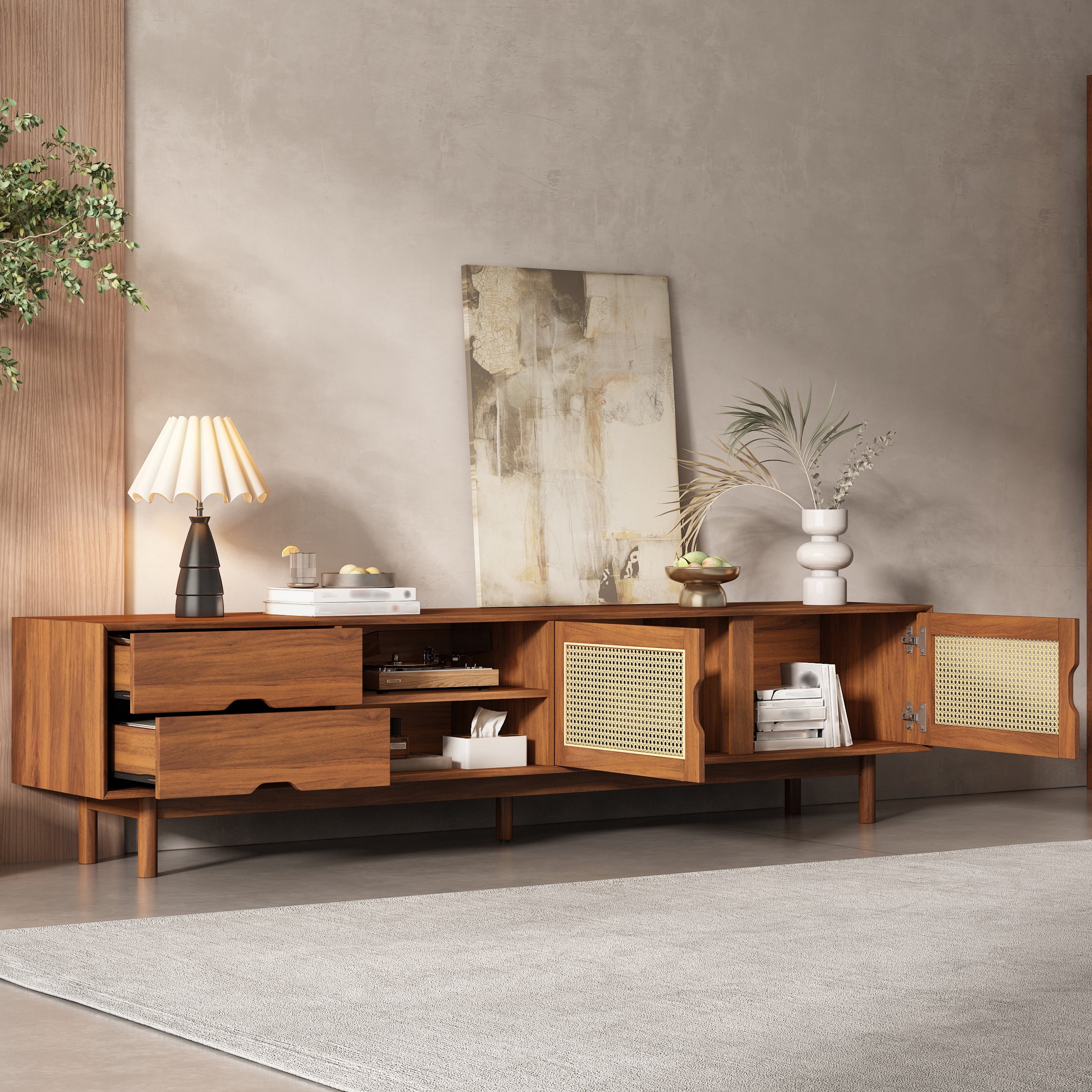 Euroco 78 Inch TV Stand for TVs up to 85 inch, Media Console with 2 Drawers, Solid Wood Legs, Rattan Front Panels, for Living Room, Modern Entertainment Center