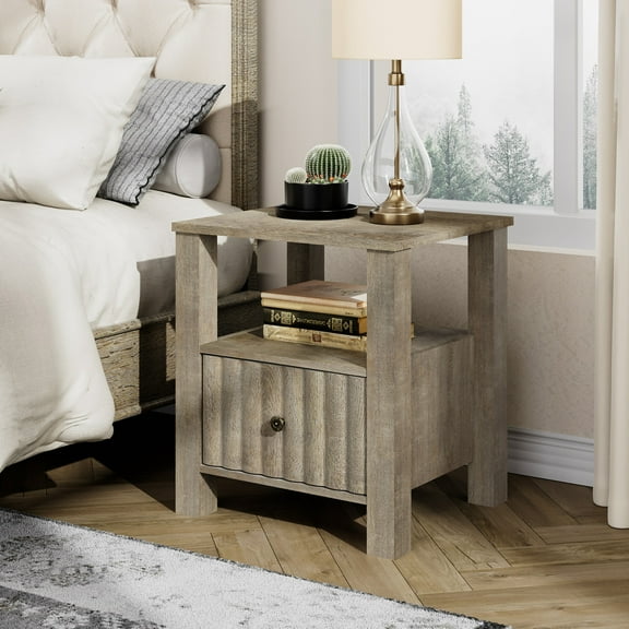 WAMPAT End Table with 1 Storage Drawer, Modern Side Table for Living Room, Vintage Grey Wood Nightstand Bedside Table for Bedroom
