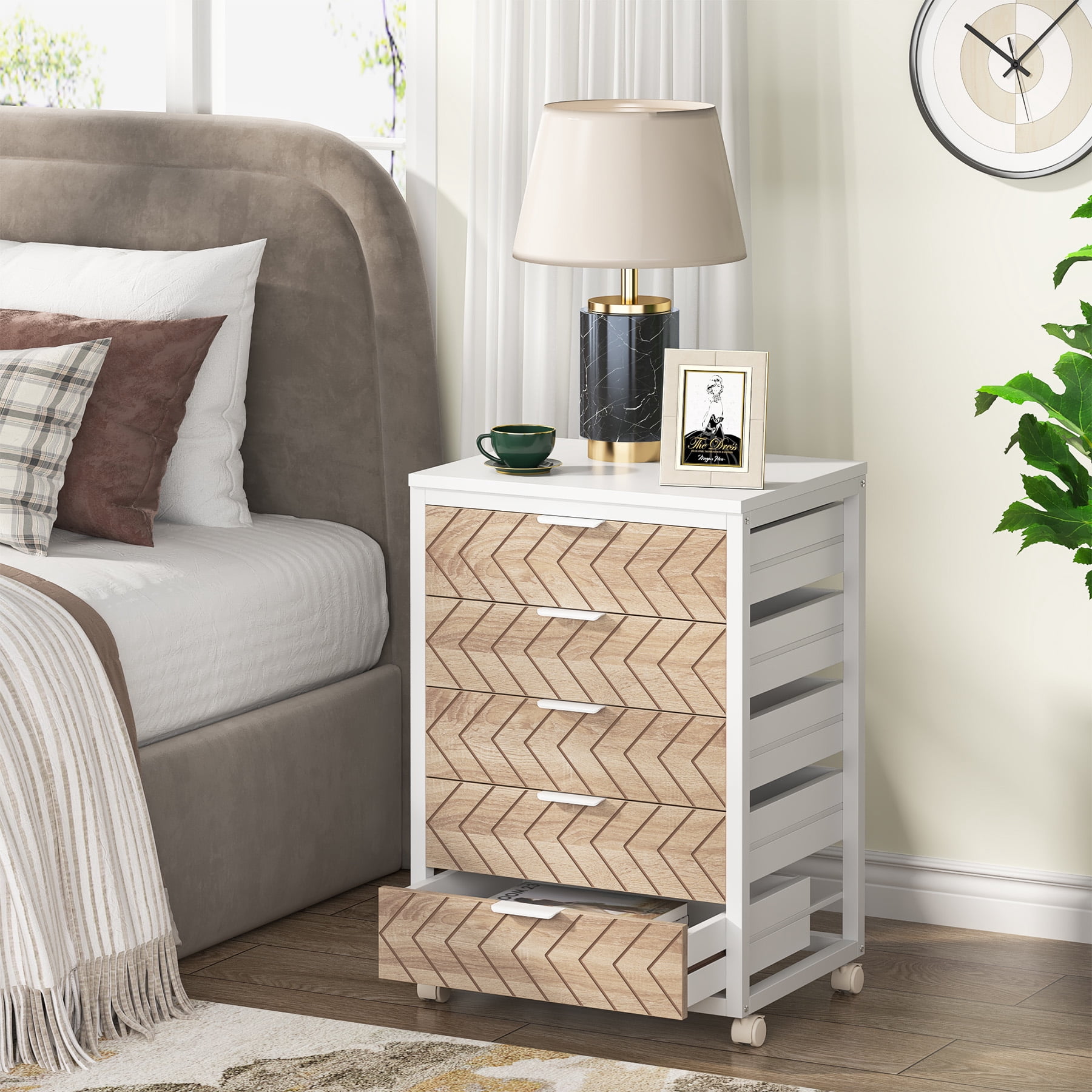 Tribesigns 5-Drawer Industrial Storage Organizer Wood Chest Dresser with Wheels, Beige & White