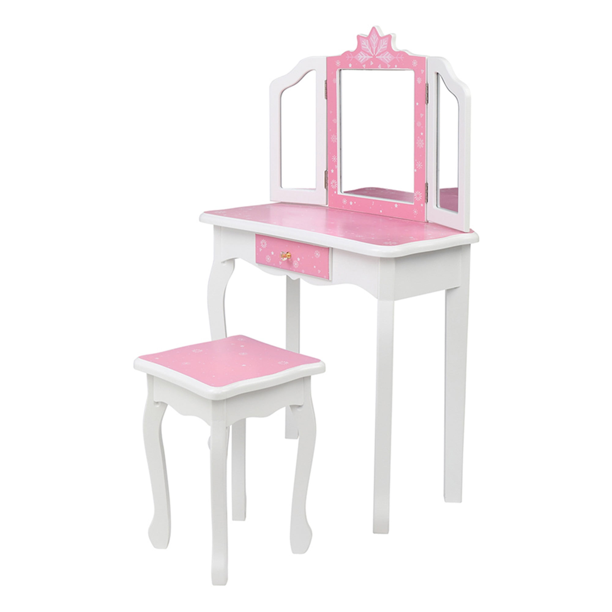 Resenkos Vanity Table and Chair Set, Children's Wooden Dressing Table Three-Sided Folding Mirror Dressing Table, White