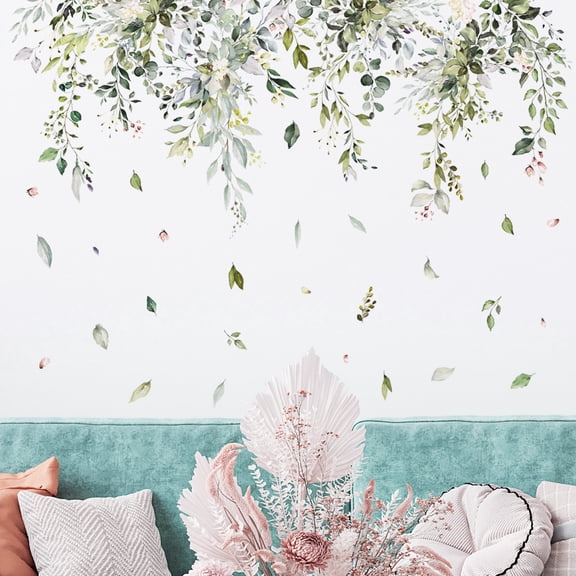 Green Hanging Vine Wall Stickers - Nature Plants Flower Leaves Wall Decals - Bedroom Living Room Sofa TV Background Home Wall Decor