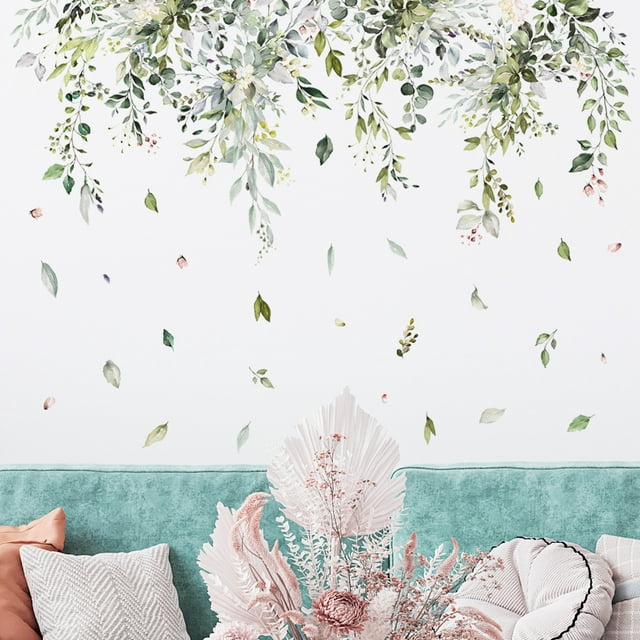 RV Pegatinas de pared de plantas verdes, pegatina de pared de vid colgante, decoración de pared de flores de glicina, dormitorio, sala de estar, pared de TV, comedor Rojo Verde