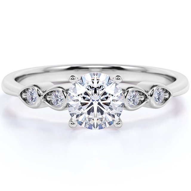 JeenMata Anillo de Compromiso de Cinco Piedras (Moissanita de Talla Brillante Redonda de 1 Quilate), con Engaste Tipo Catedral de Cuatro Puntas, Chapado en Oro Blanco de 18 K sobre Plata