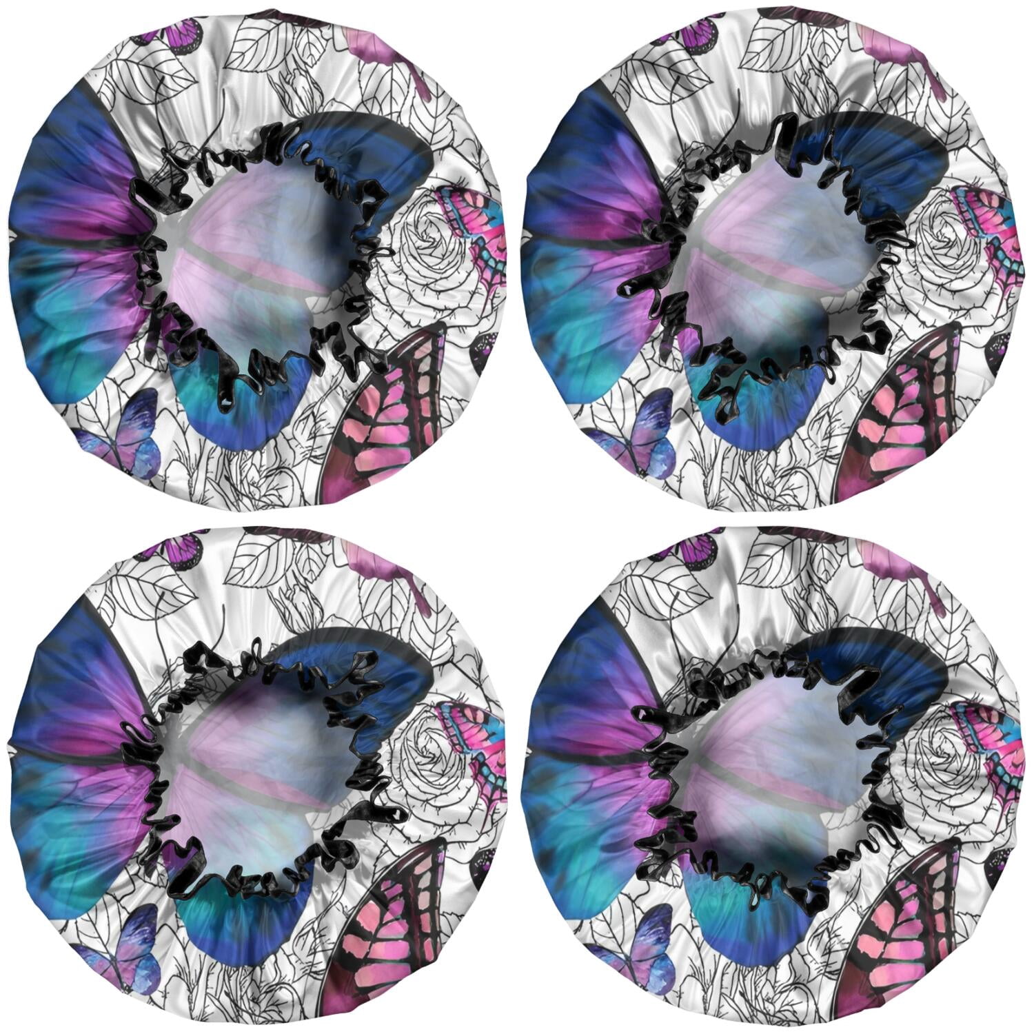 Shower Caps,Purple Butterfly Rose Pattern Waterproof Shower Cap for Women 4 Pieces,Double Reusable Hair Cover for Shower PEVA Elastic Stretch Hem