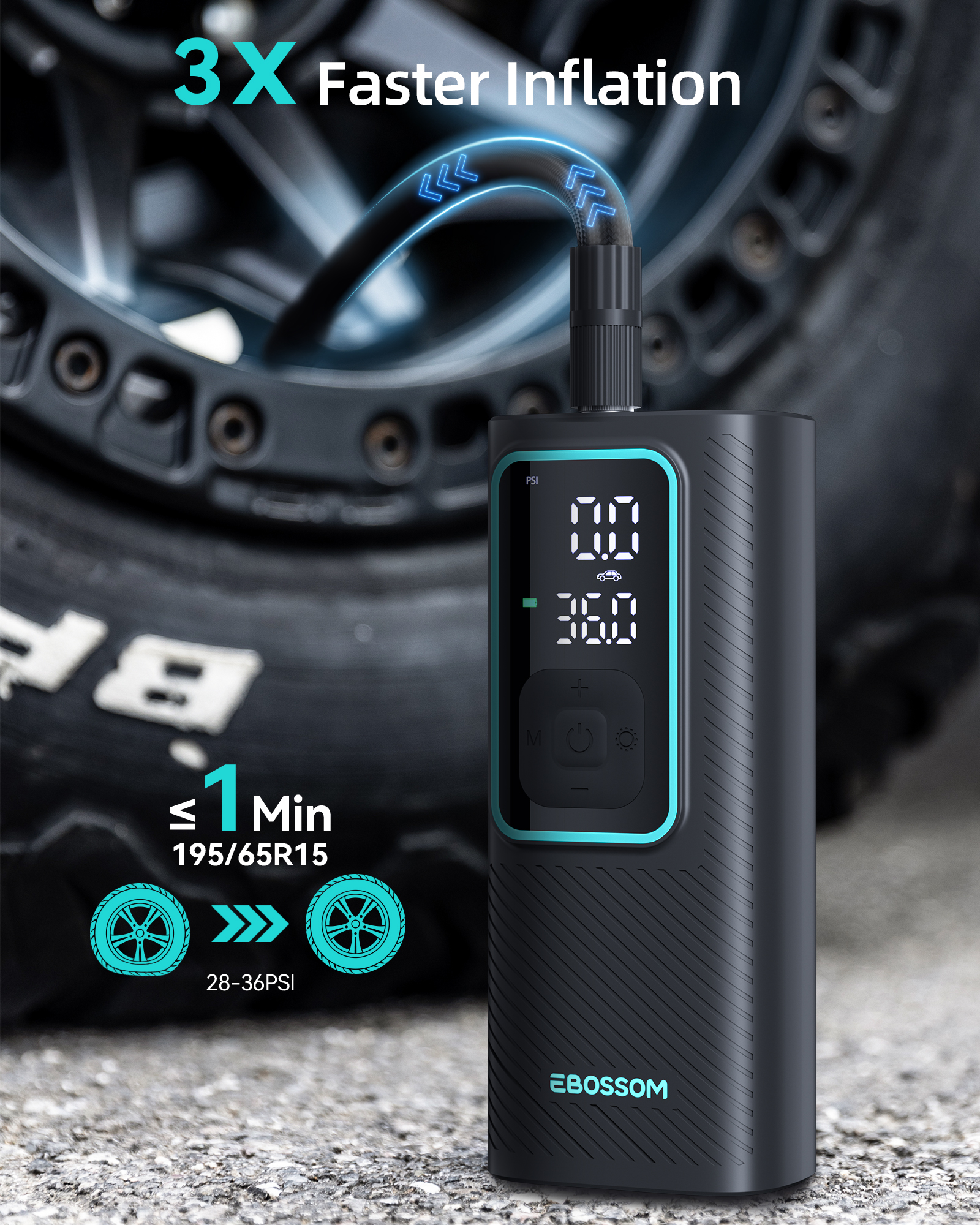 EBOSSOM Cordless Portable Tire Inflator Air Compressor, 150 PSI Mini Car Air Pump,12V DC Cigarette Lighter, Pressure Gauge, Cordless Tire Inflator Rechargeable with Display & LED