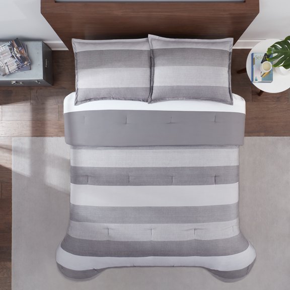 Serta Simply Clean Billy Grey Textured Stripe Comforter Set, Full/Queen (3-Piece)