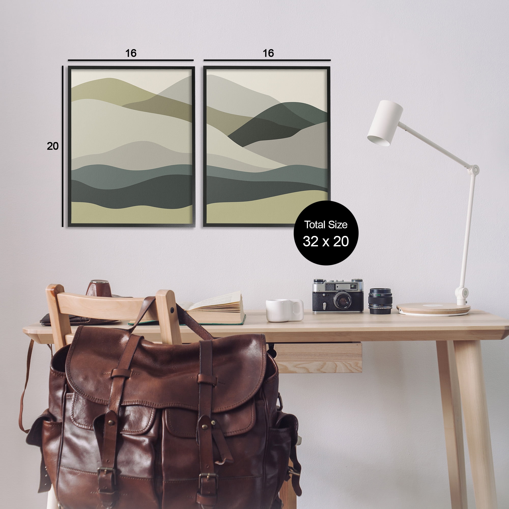 Stupell Industries Modern Green Mountains Landscape Painting Black Framed Art Print Wall Art, 16 x 20, Set of 2