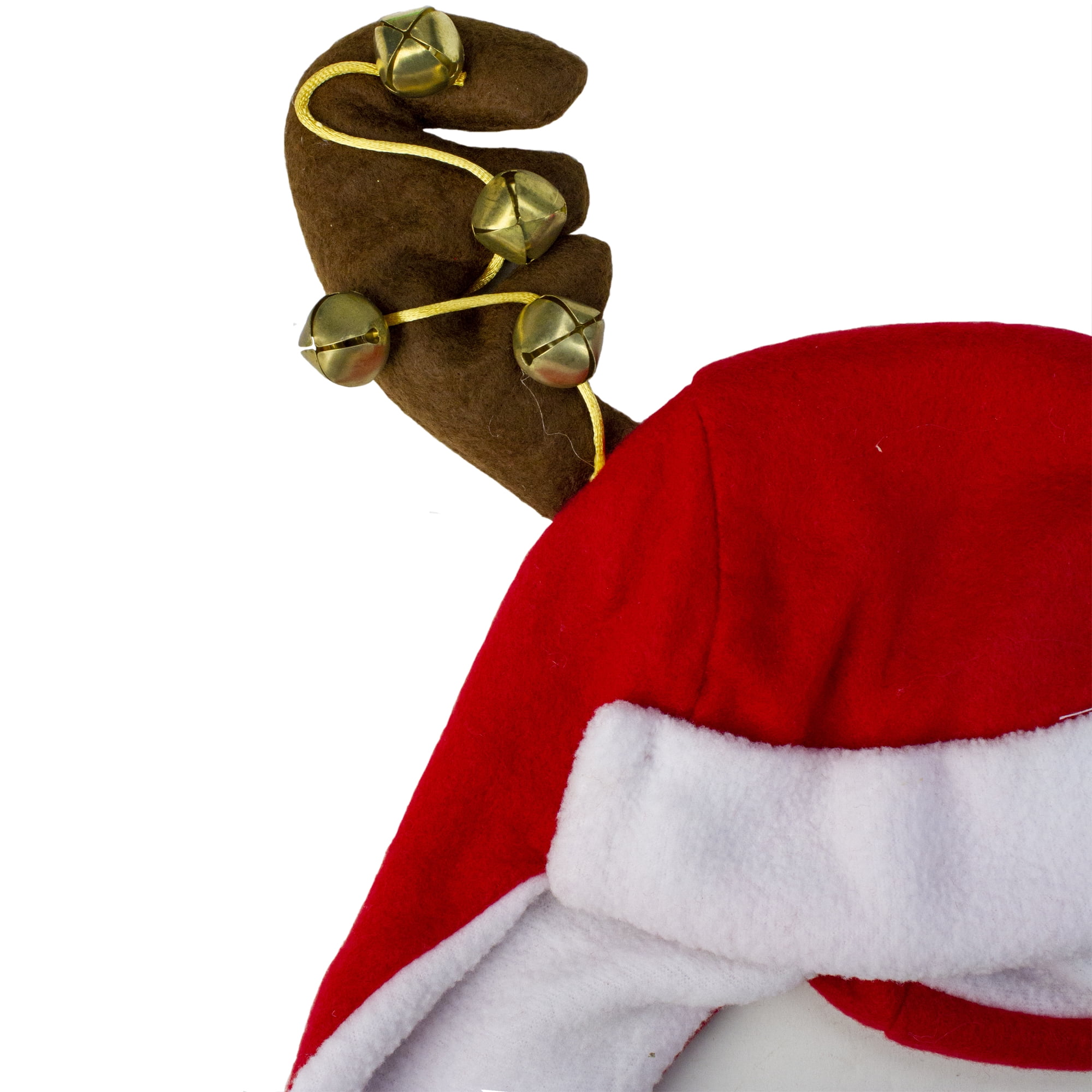 17" Plush Red and White Christmas Winter Trapper Hat with Jingle Bell Reindeer Antlers