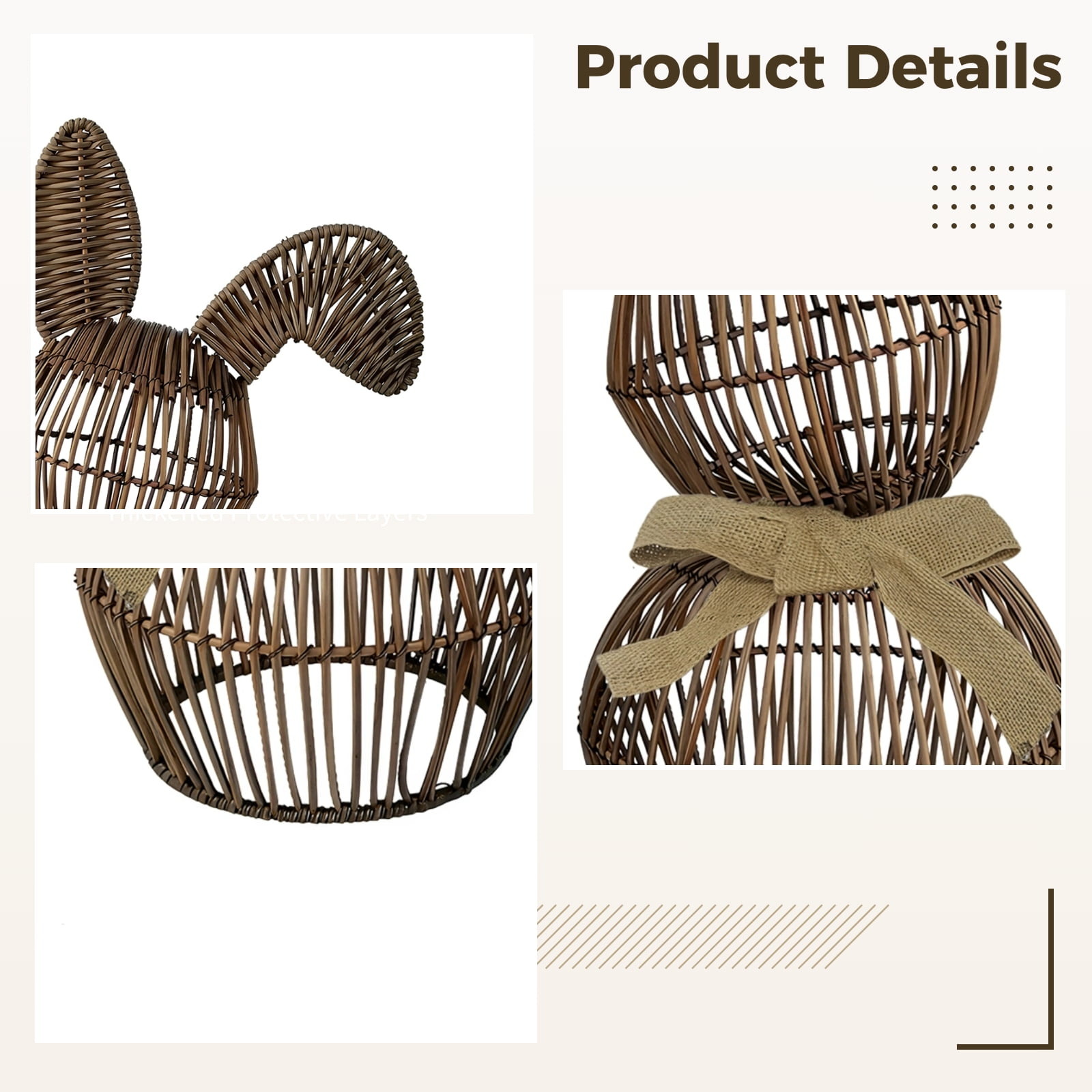 Handmade Rattan Easter Bunny Basket, Brown Bunny Decor with Fabric Bow, 5.91 x 11.81 in /15 x 30 cm, Suitable for Home Decoration, Easter Themes, Cute Rabbit Figurine