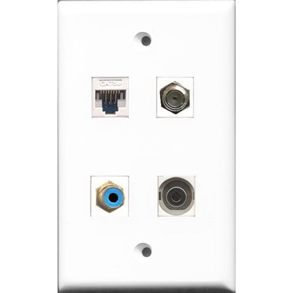 RiteAV - 1 Port RCA Blue and 1 Port Coax Cable TV- F-Type and 1 Port 3.5mm and 1 Port Cat5e Ethernet White Wall Plate