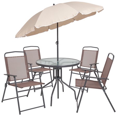6 Piece Brown Patio Set With Table Tan Umbrella And 4 Folding Chairs Walmart Com Walmart Com