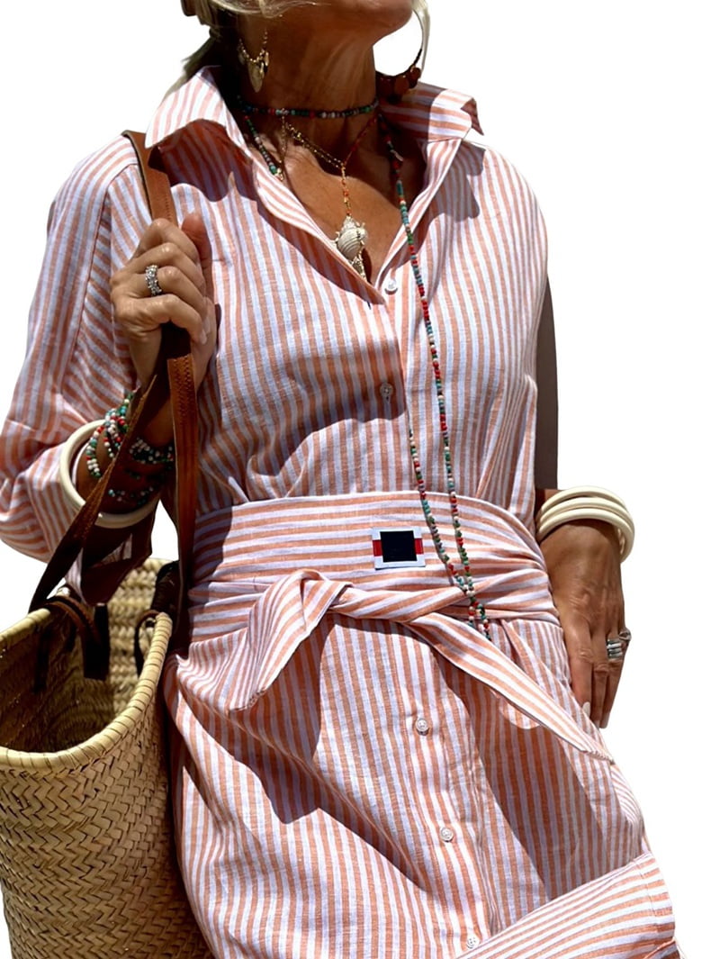 Women'S Shirt Dress Casual Lapel 3/4 Sleeve Button-Down Collar Slit Tie Resort Maxi Dress Pink XL
