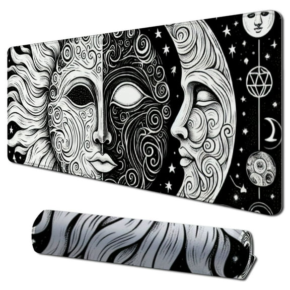 Extended Gaming Mouse Pad, Keyboard Mouse Wrist Rest Support Set, Large Desk Mat with Stitched Edges, Non-Slip Base Mousepad for Home Office Game and Study, Moon& Sun