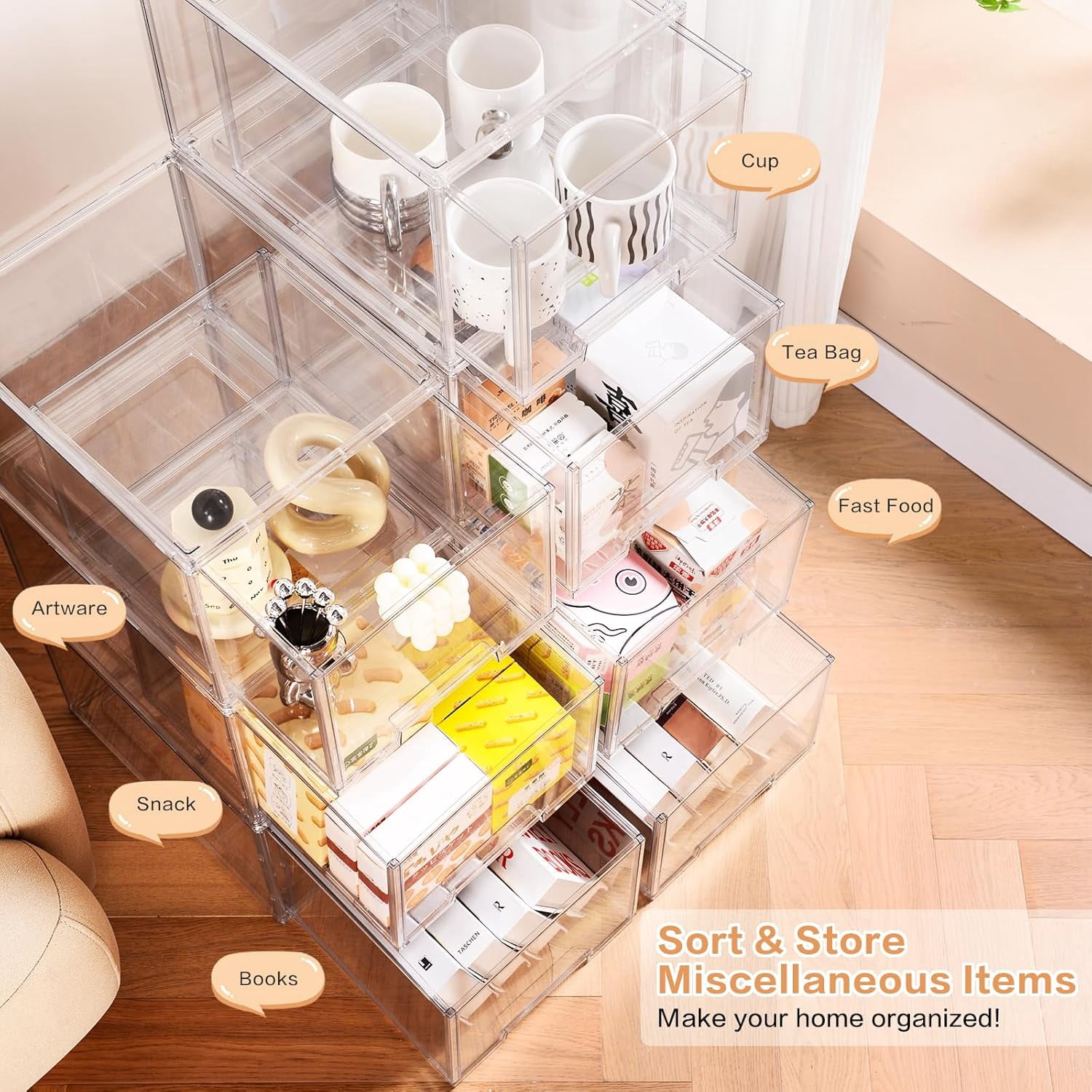 2 Packs Plastic Stackable Storage Organizer Bins with Pull Out Drawer,  Large Clear Acrylic Storage Drawers Container Boxes for Fridge Pantry Shelf Refrigerator Organization and Storage