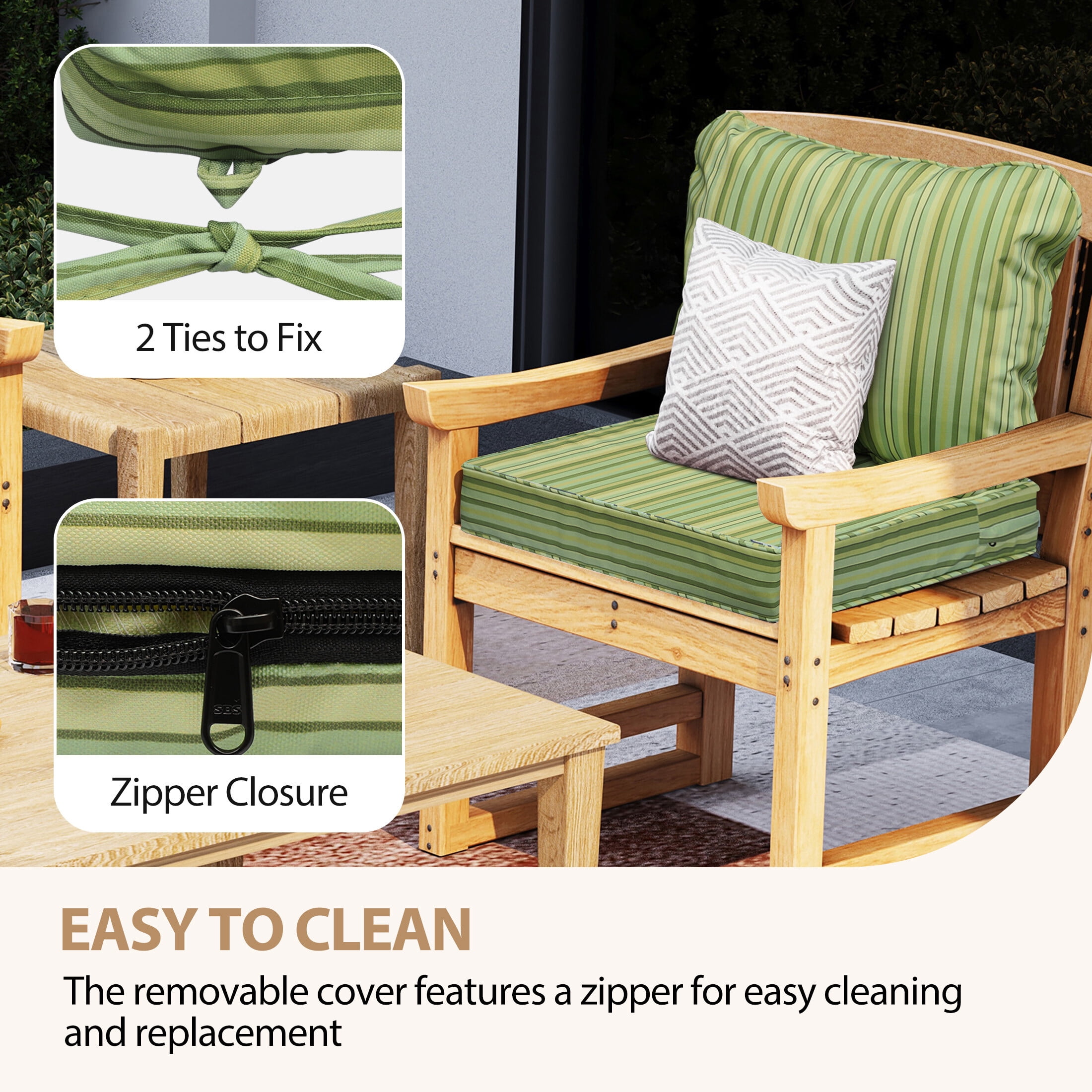 24 x 24 Waterproof Outdoor Deep Seat Cushion for Patio Furniture Cushion Replacement, Narrow Stripes Green