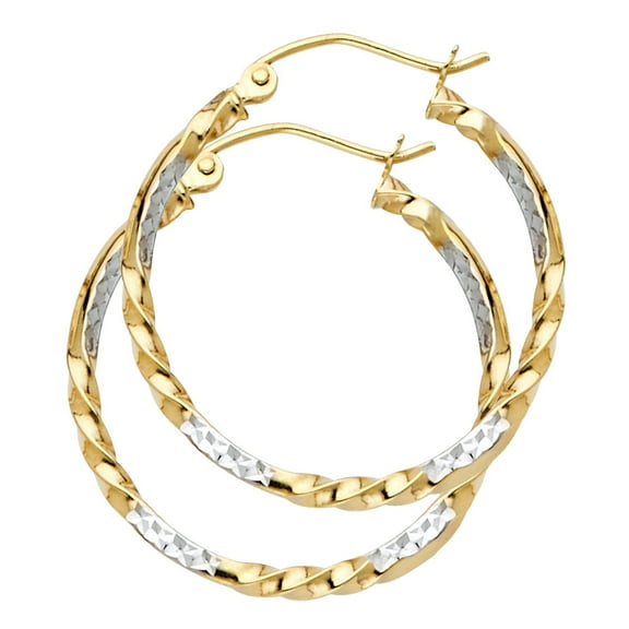 Round Twisted Hoops 14k Yellow White Gold Fancy Diamond Cut Earrings Genuine Two Tone 25 x 2 mm