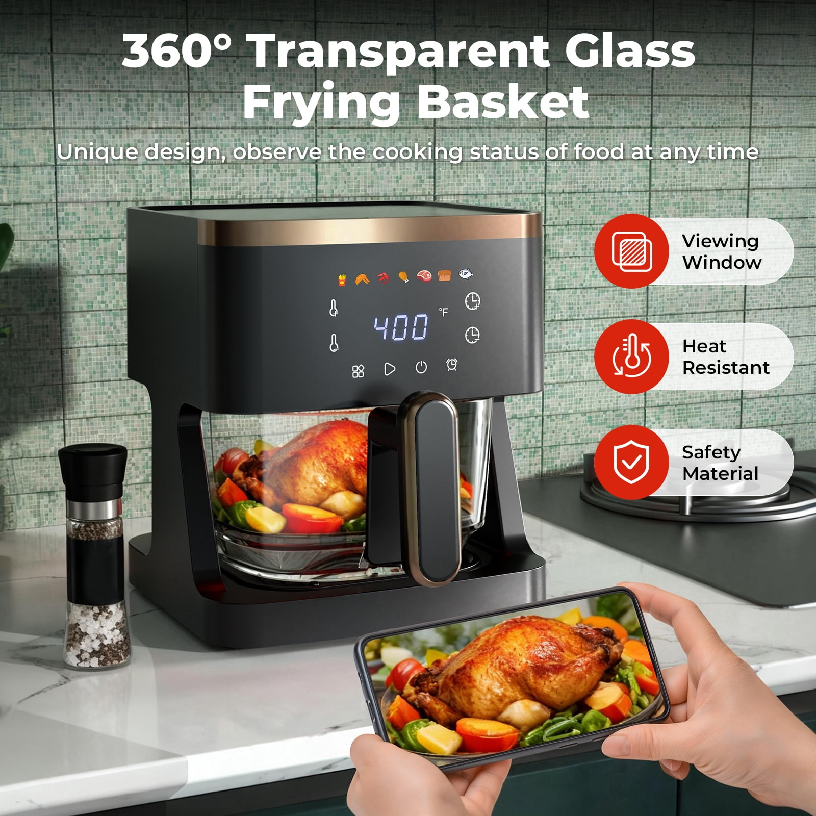 7-in-1 Air Fryer, 5 QT Glass Basket Fryer, 360° Cooking Window, 1400W Precise Heating, Air Fry, Reheat, Roast, Bake, Patbrela LED Smart Touchscreen