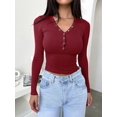 thumbnail image 4 of Womens Long Sleeve Shirts Fall Clothes Henley Tops Business Casual Ribbed Blouses Fashion Trendy Outfits Wine Red S, 4 of 8