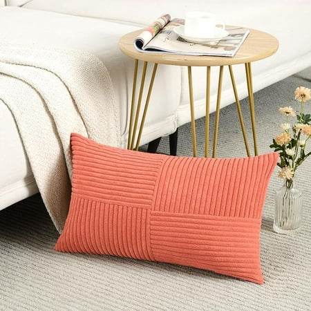 

Fancy Homi Coral Lumbar Decorative Throw Pillow Covers 16x16 Inch for Living Room Couch Rustic Farmhouse Boho Home Decor Soft Striped Corduroy Rectangle Accent Peach Cushion Case 16x16