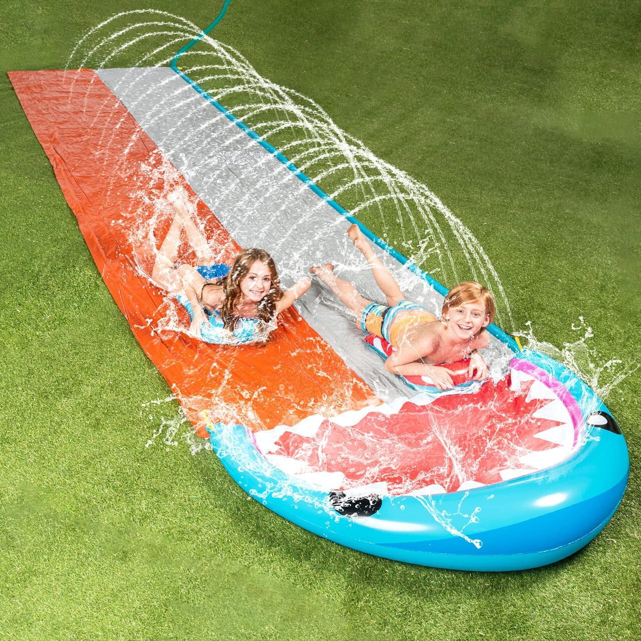 Sloosh 21ft Water Slides with 2 Boards Backyard Outdoor Lawn Slip Waterslide 2 Sliding Racing Lanes with Sprinklers Summer Toy 21ft x 62in, Shark