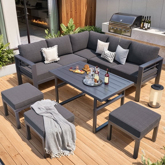 AECOJOY Outdoor Furniture Sets Clearance, Aluminum Patio Furniture Sets on sale, Metal Patio Sets, Outdoor Conversation Sets, Outdoor Sectional Sofa for Lawn, Dark Grey