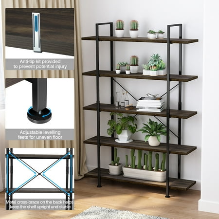 Vintage Industrial Bookshelf 5-Tier Bookcase, Vintage Rustic Bookshelf with Black Metal Frame and Multifunctional Antique Wood Look, Open Etagere Stand Storage Organizer Accent Furniture for Home and Office ()