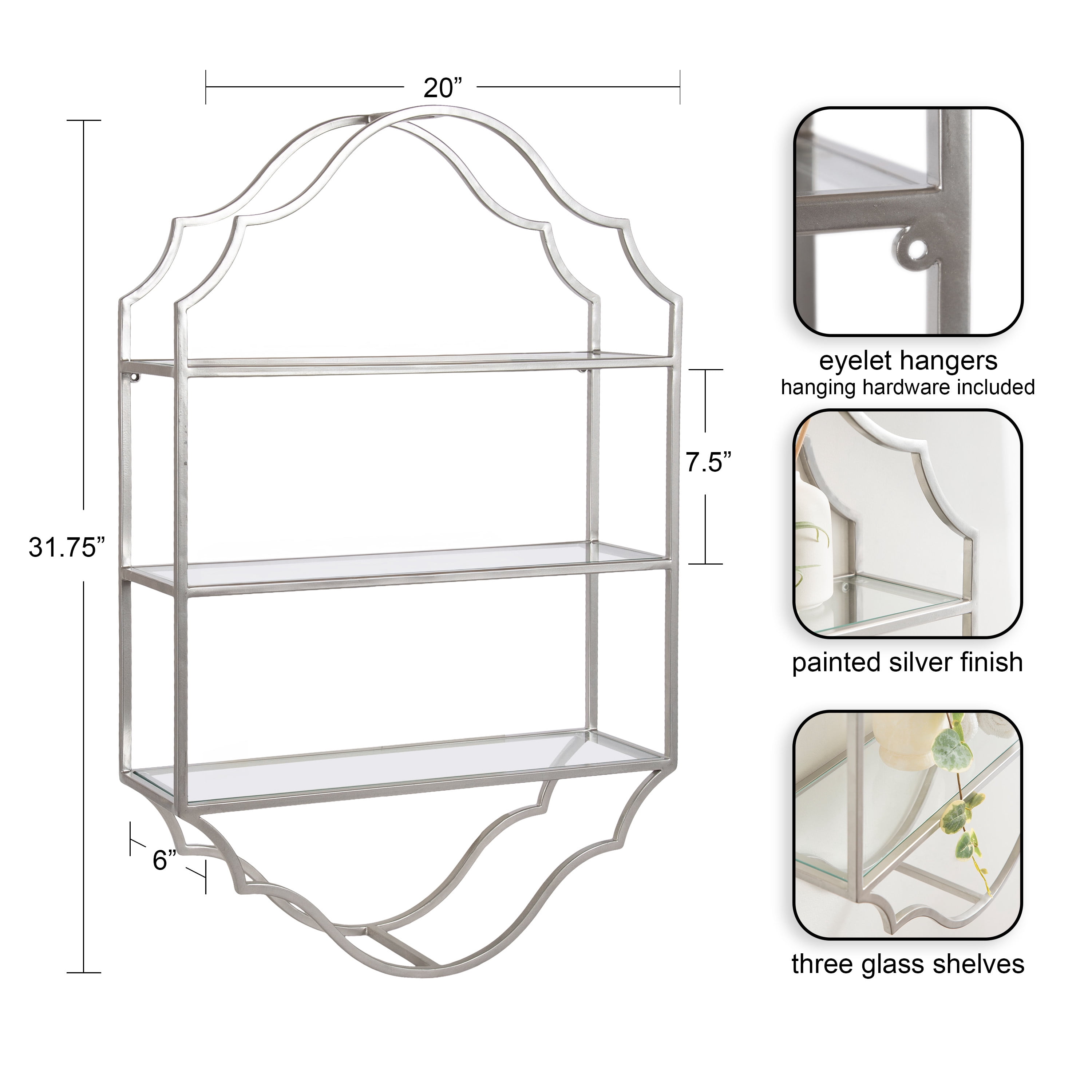 Kate and Laurel Leanna Three-Tiered Wall Shelf, 20 x 32, Silver, Decorative Floating Shelf Storage and Wall Organizer for Bathroom Over Toilet Storage or Display