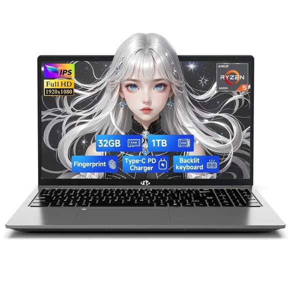 15.6" IPS FHD Gaming/Business Laptop, 6 Cores AMD Ryzen 5 6600H 32GB DDR5 RAM 1TB SSD (Beat i7-1165G7 up to 4.5GHz) 660M 6nm GPU-Computer with 100W Type-C Backlit Keyboard, Fingerprint Gray