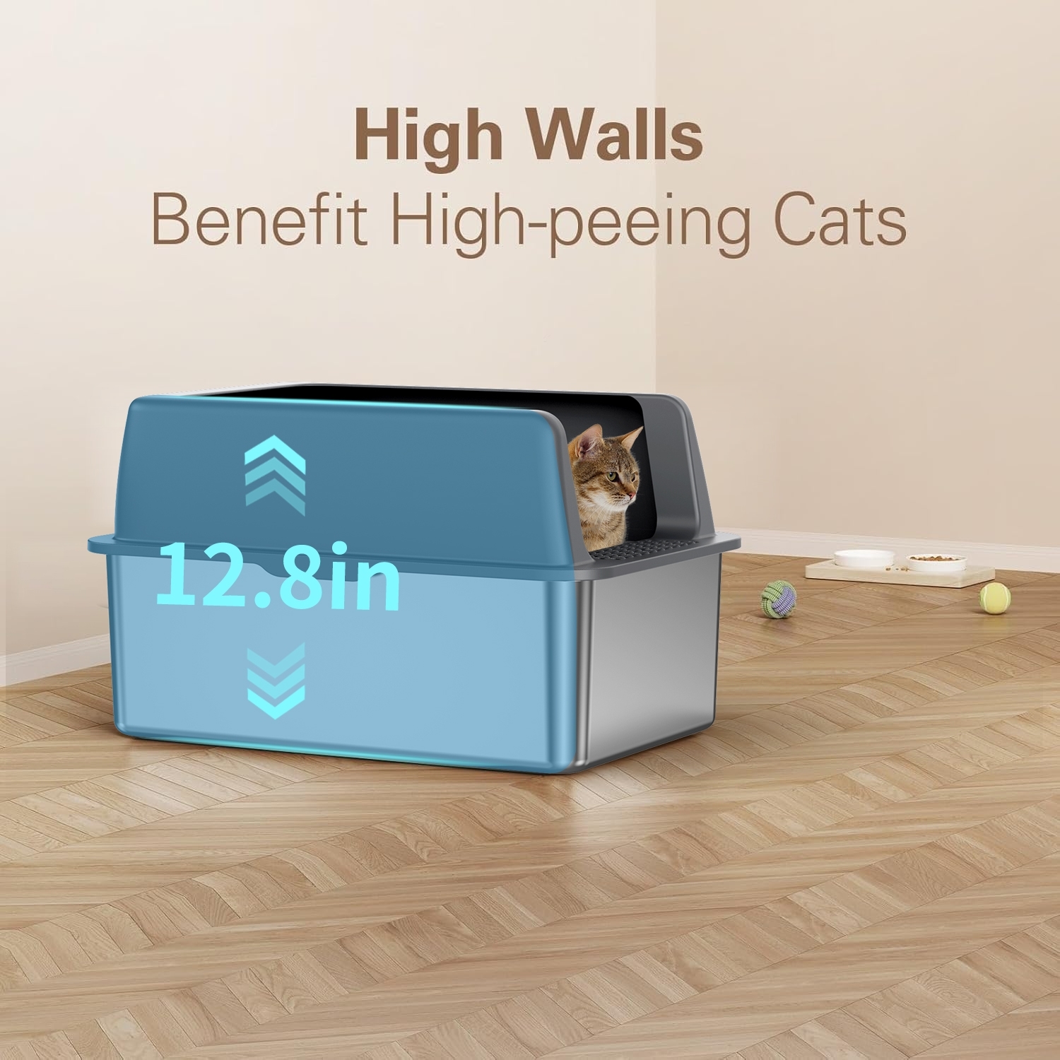 Stainless Steel Litter Box, 14 Inch Cat Litter Box, Metal Litter Pan with Lid, Extra Large Litter Box with Scoop, Dark Gray