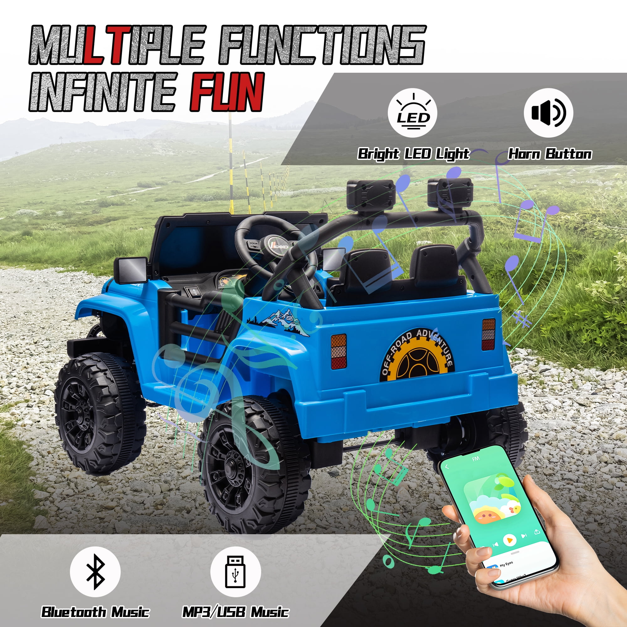 Xuanlur 12V Kids Ride on Car with Remote Control, Ride on Toys w/ Dual Drive, Four-Wheel Suspension, Bluetooth Music, LED Lights, USB, Shock Absorption, Toys Car for Kids Aged, Blue