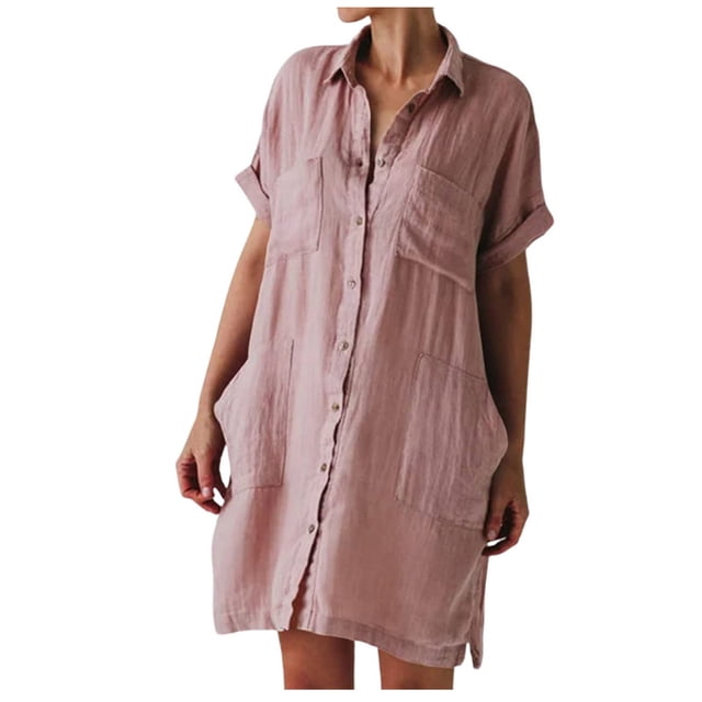 Robes d'Été pour Femmes 2023 Robe Chemise à Boutons pour Femme Décontractée Ample Col Rabattu Manches Courtes Robes avec Poches Plage Quotidien Fête Grande Taille Robe Soleil