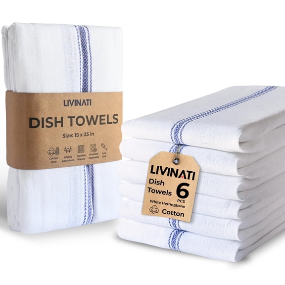 Bulk Kitchen Towels Cotton For Chefs In Commercial Restaurants - 15"X25" - 6 Pack - White Linen Tea Dish Towels - Lint Free Soft Absorbent Center Blue Striped Herringbone Weave Towles