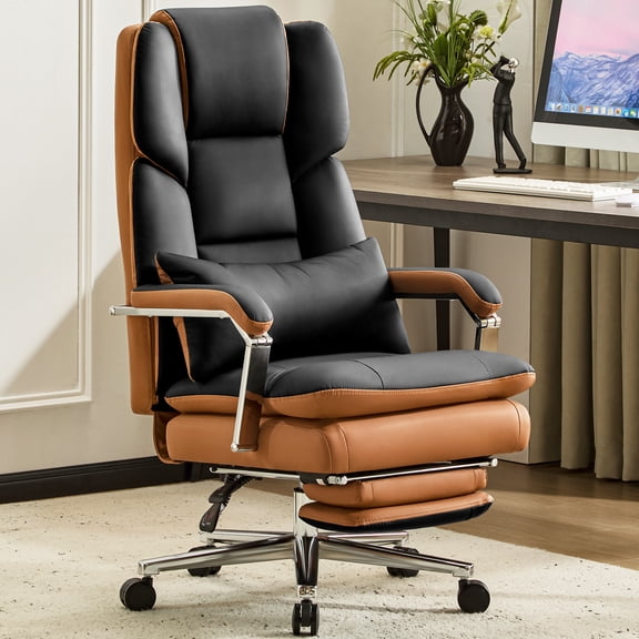 Falvinoryn Big and Tall Office Chair 500lbs, High Back Executive Office Chair with Dual Cushion, Wide Seat Ergonomic Leather Desk Chair with Footrest & Lumbar Support, Black
