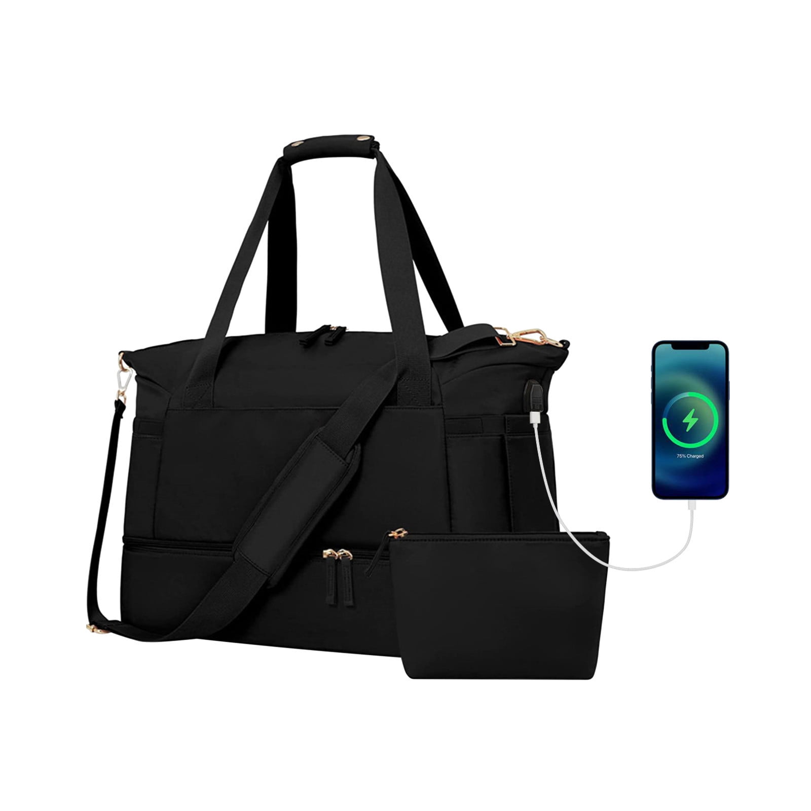LACKUST Women's Travel Duffel, Weekender Overnight, Gym Tote, Shoe & Wet Pocket, Carry On, USB Charging,Black