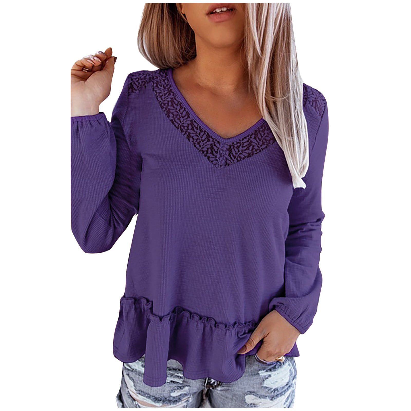 Womens Lace Ruffle Long Sleeve Tops Round Neck T-shirt Casual Pullover Blouse 