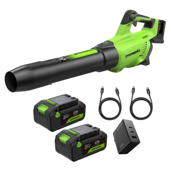Greenworks 48V (24V x 2) Brushless Axial Leaf Blower (600 CFM / 150 MPH), Powerful for Large Yard, Driveway, Patio and Deck Cleanup, Includes (2) 4.0Ah Batteries and 100W GaN Charger