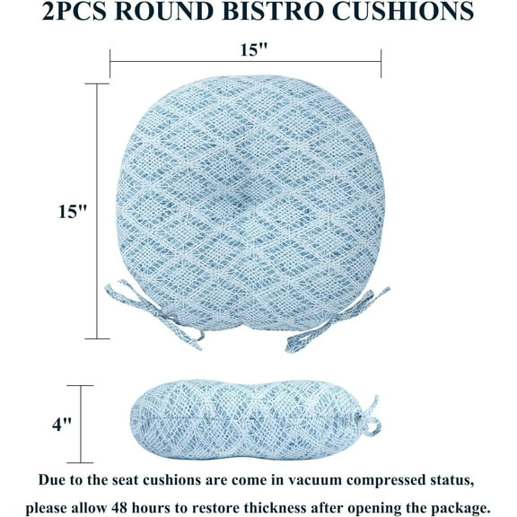 FGERFE-15"x15"x4" Bistro Chair Cushion Set of 2, Water Repellent Round Outdoor Chair Cushions with Ties, Patio Tufted Chair Pads for Home Garden (White Line Grid)