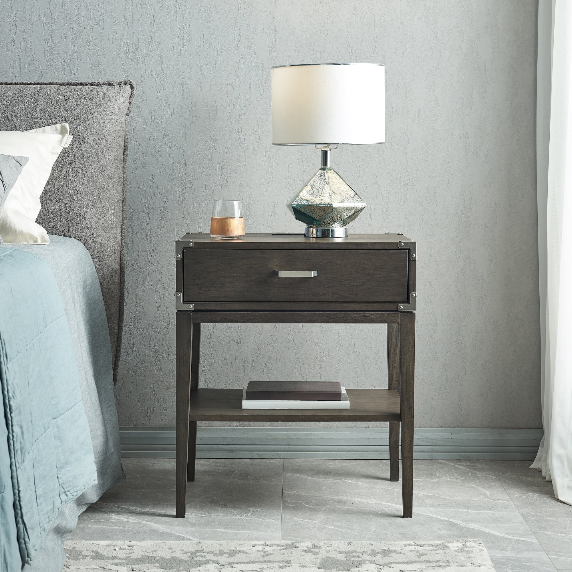 Beckett Nightstand Side Table One Drawer Rustic – Fast Charging Station, A/C and USB Charging Port Integrated – Durable Solid Wood – Living Room, Bedroom, Office, Anthracite/Pewter – Leick Home, 24022