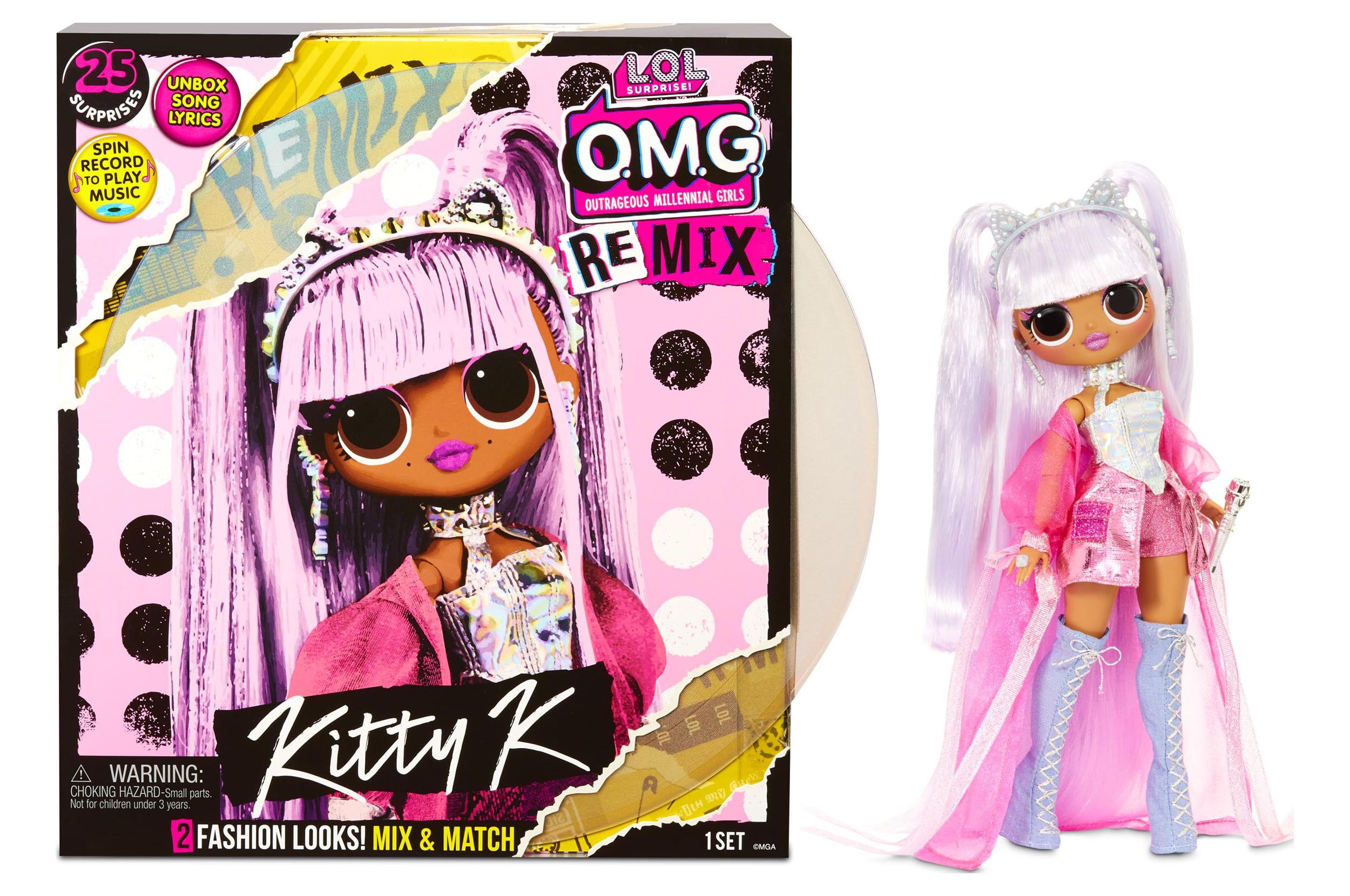 LOL Surprise OMG Remix Kitty K Fashion Doll – with 25 Surprises Including Extra Outfit, Shoes, Hair Brush, Doll Stand, Lyric Magazine, and Record Player Package that Plays Music - For Girls Ages 4+ - image 3 of 8