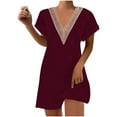 thumbnail image 1 of KIHOUT Robes d'Été pour Femmes, Mode Dames Été Uni Décontracté Col en V Manches Courtes Vacances Robe en Dentelle Rouge G, 1 of 7