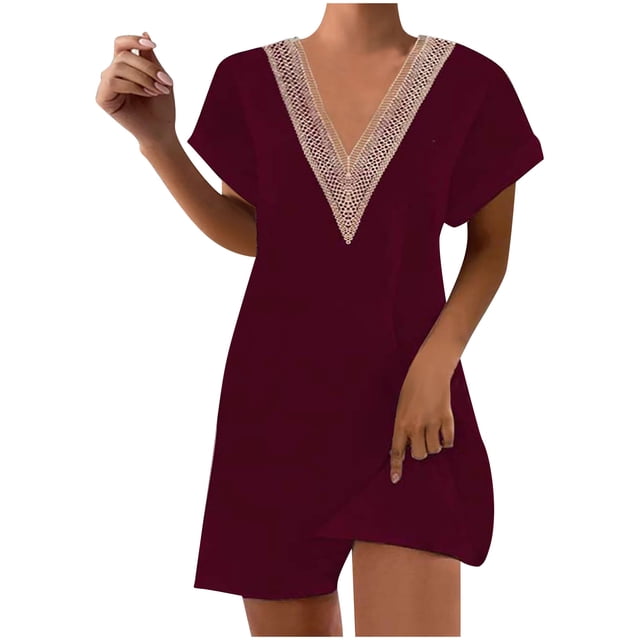 KIHOUT Robes d'Été pour Femmes, Mode Dames Été Uni Décontracté Col en V Manches Courtes Vacances Robe en Dentelle Rouge G