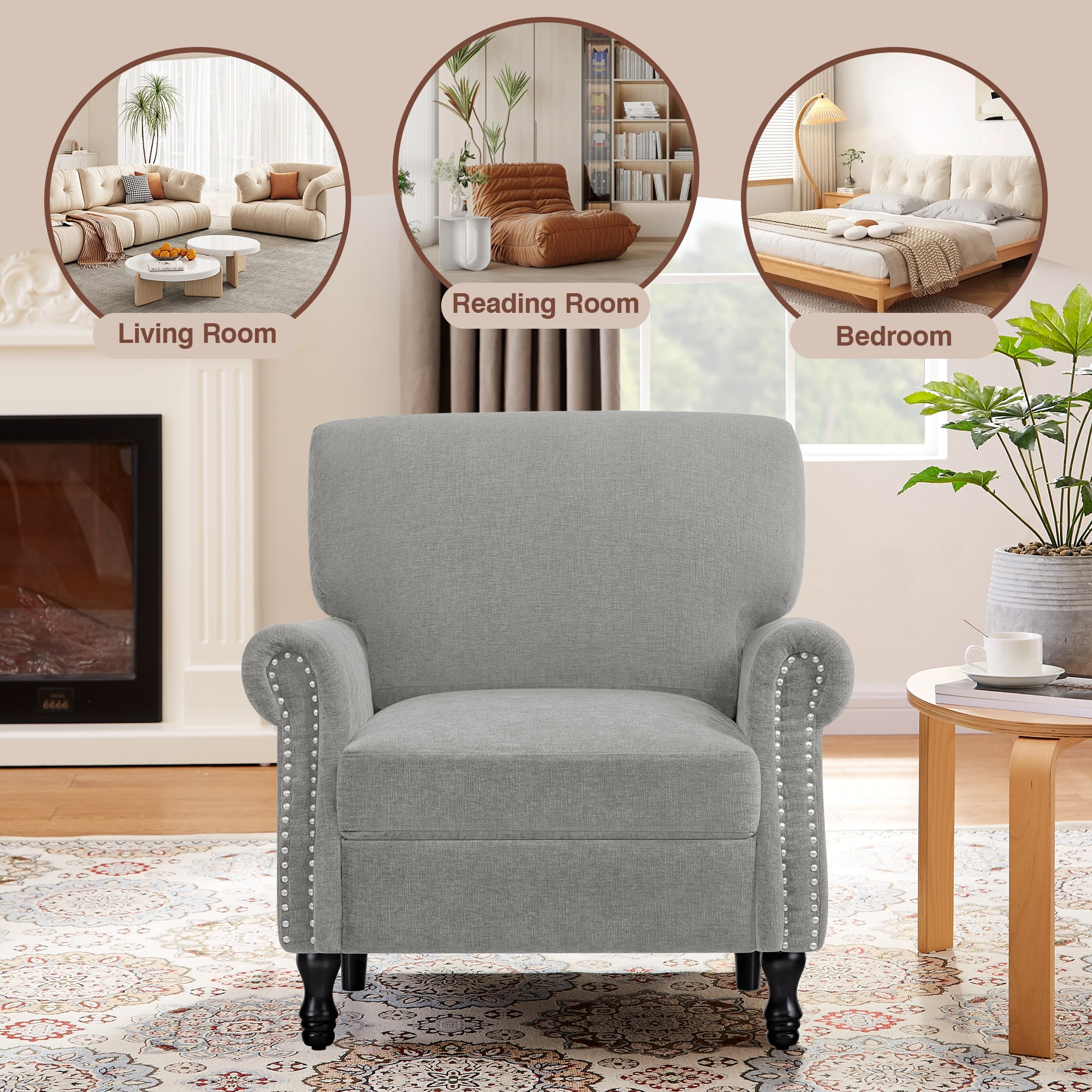 COOLHUT Modern Accent Chair Armchair, Linen Fabric Upholstered Comfy Single Sofa with Solid Wood Frame for Living Room, Gray