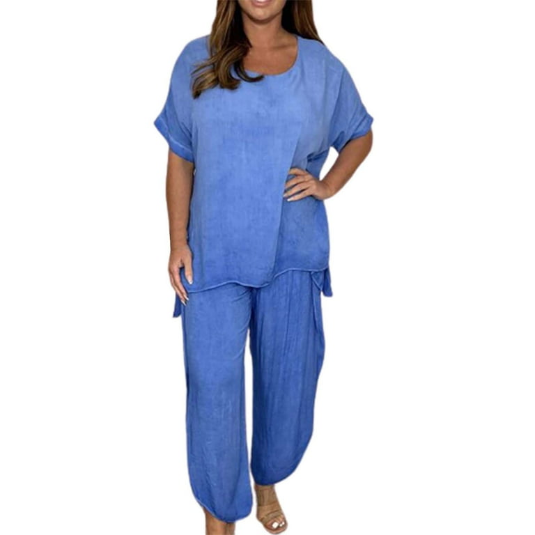 CILENON Terry Cloth Sets for Women Clothing Women s Fashion Casual Loose Plus Size Suits European And American Short Sleeves Plus Size Workout Sets Joggers for Women 2 Piece Set Blue XXL Walmart