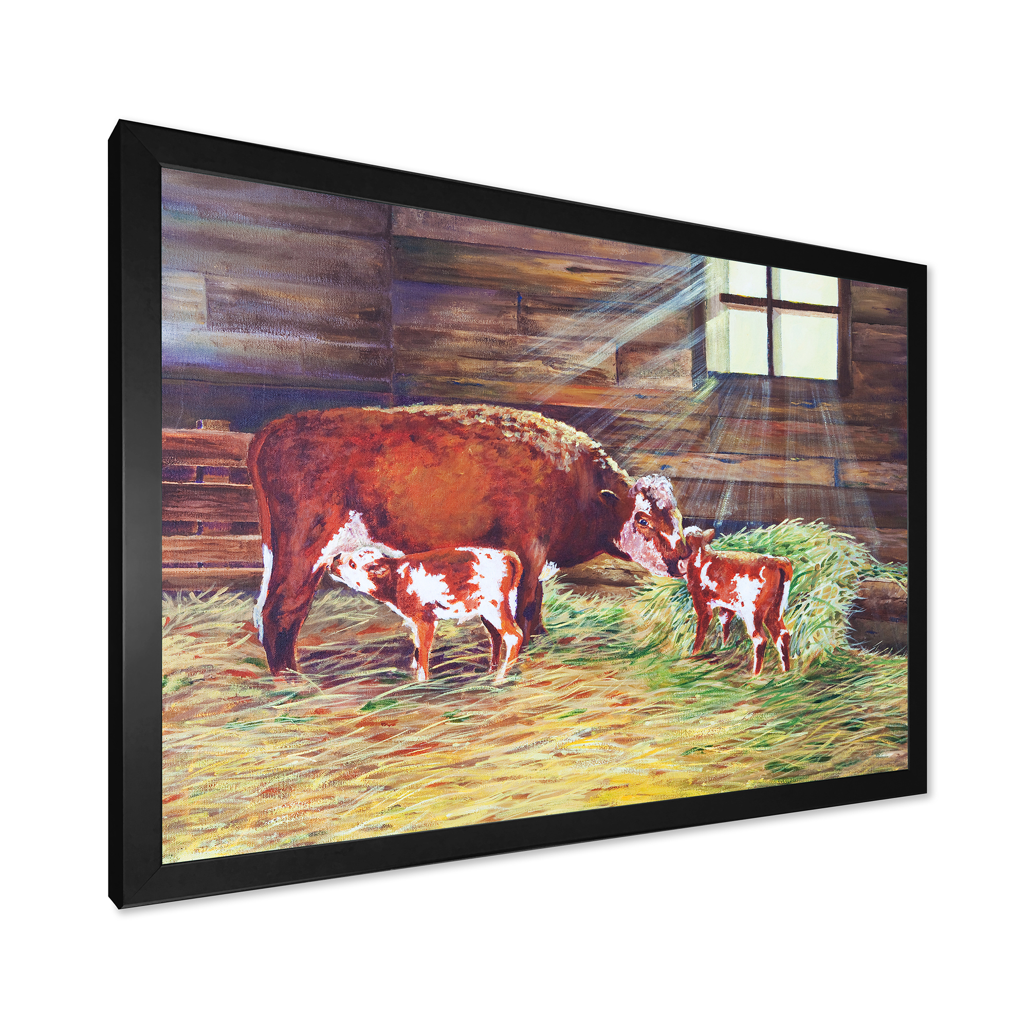 Designart 'Newborn Twin Calves With Cow At The Farm' Farmhouse Framed Art Print