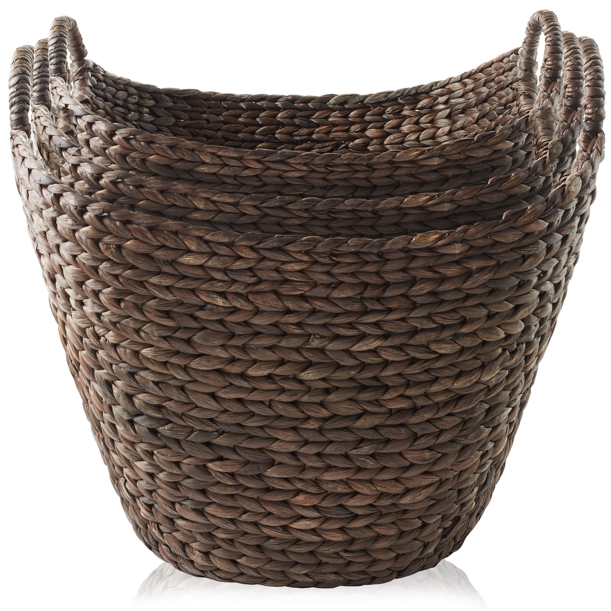 Casafield Set of 3 Boat Baskets with Handles - Espresso, Woven Water Hyacinth Storage Organizers for Blankets, Laundry, Bathroom, Bedroom, Living Room