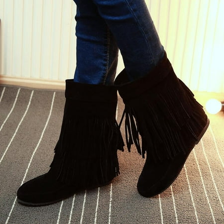 

Tangnade Boots for Women on Sale Fringed Boots Women Fashion Increased Flat Bottom Wedges Short Boots Suede Boots