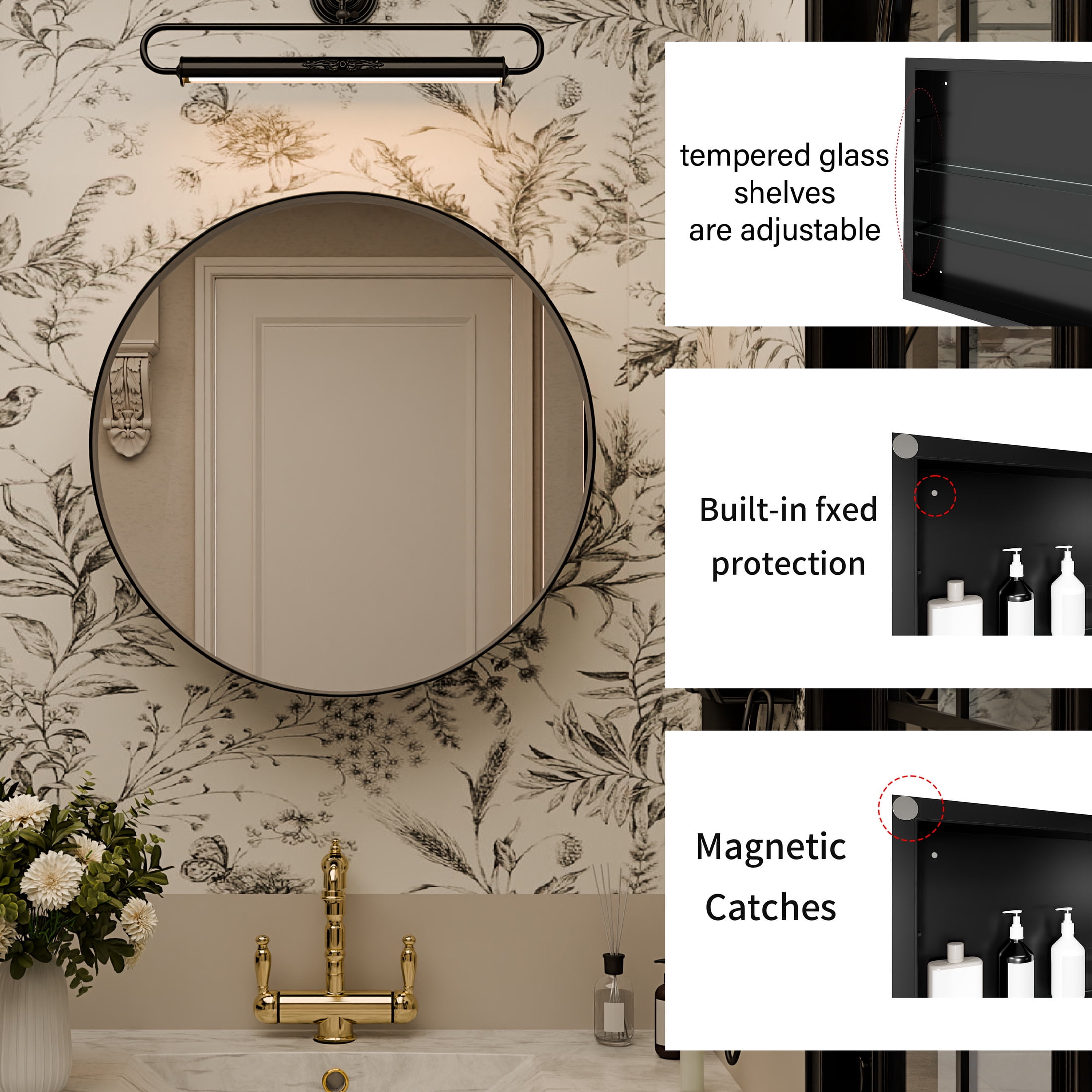 Noble House 24" Round Metal Medicine Cabinet with Mirror, Bathroom Wall Mirror with Adjustable Glass Shelves, Black